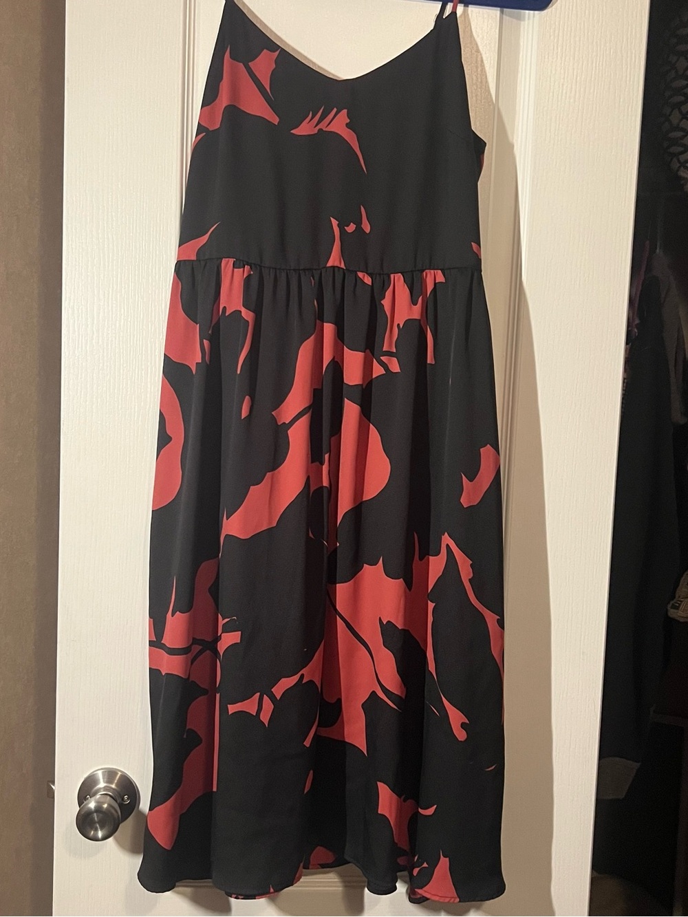 LOFT Black Midi Skirt with Bold Red Floral Print